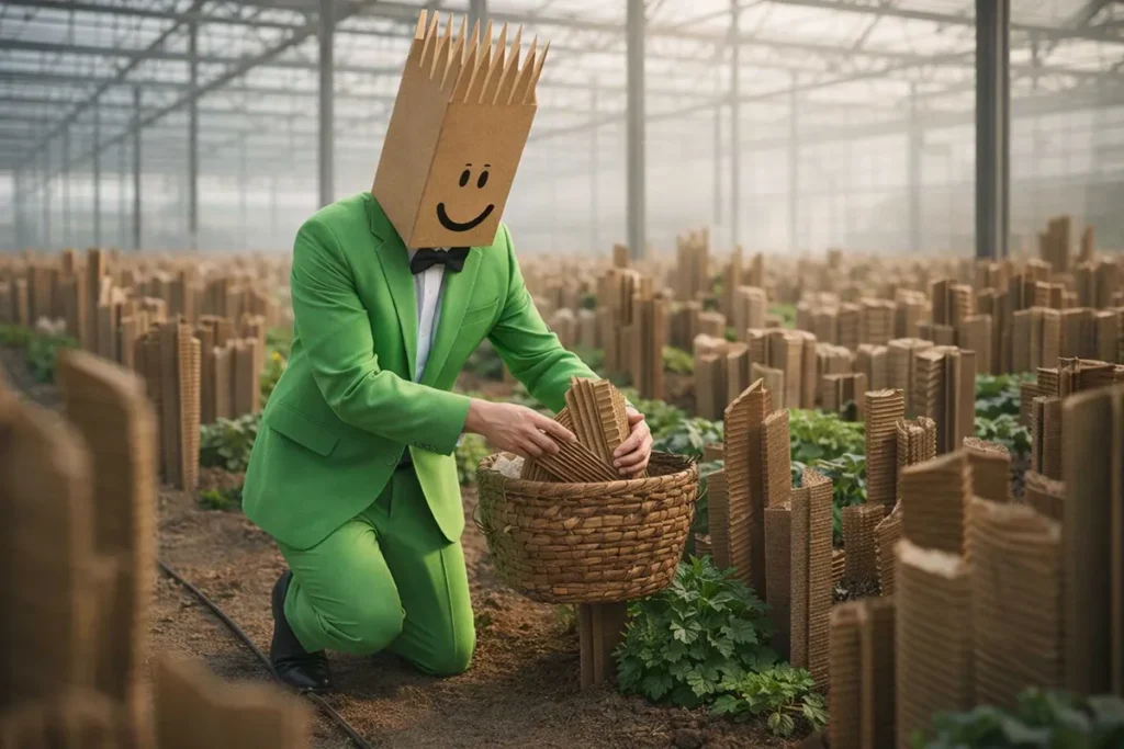 Herr Packners mit Kartonkopf kniet in einem Gewächshaus und sammelt Wellpappzuschnitte in einem Korb