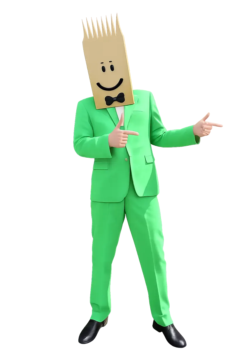 Herr Packners mit Kartonkopf im grünen Anzug steht und zeigt mit beiden Händen zur Seite