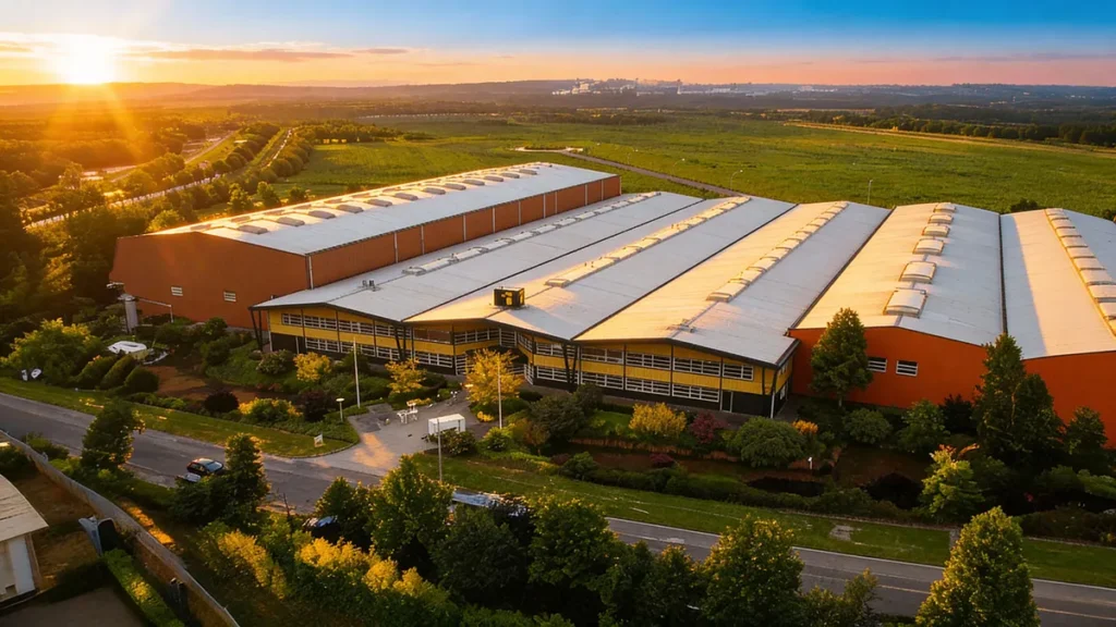 Luftaufnahme eines großen Industrie-/Werksgebäudes bei Sonnenuntergang in weiter Landschaft.